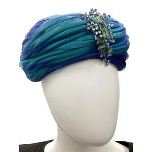 Vintage Fred Phipps Hat Women’s 1 Size Rushing Large Brooch Mesh Shades Of Blue